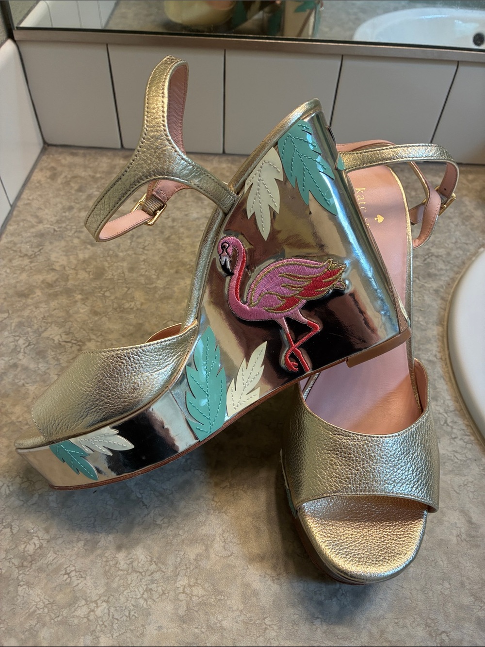 kate spade Gold Platform Wedge Sandals with Pink Flamingo and Teal Leaf Accents - Picture 8 of 8